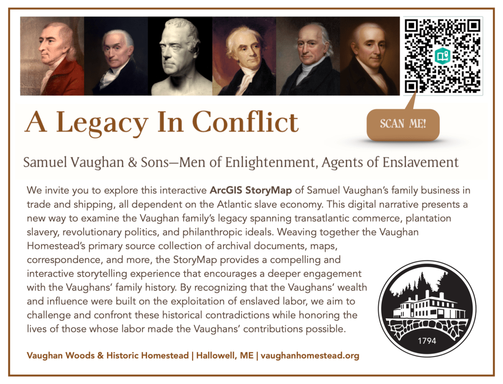 A promotional image for an interactive ArcGIS StoryMap exploring the legacy of Samuel Vaughan and his family's involvement in transatlantic commerce and the slave economy. The image features portraits of historical figures and includes a QR code for access to the StoryMap.