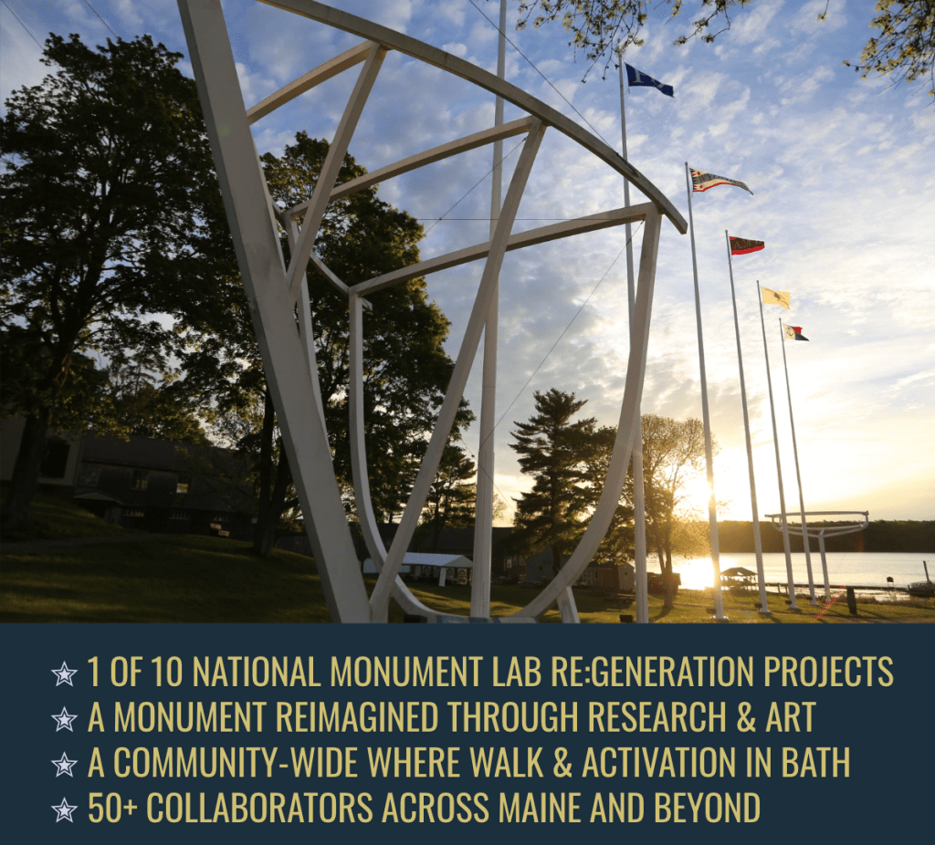 An artistic outdoor monument structure with multiple flags raised in a scenic landscape, highlighting its significance as part of a national monument initiative focused on community engagement and art.